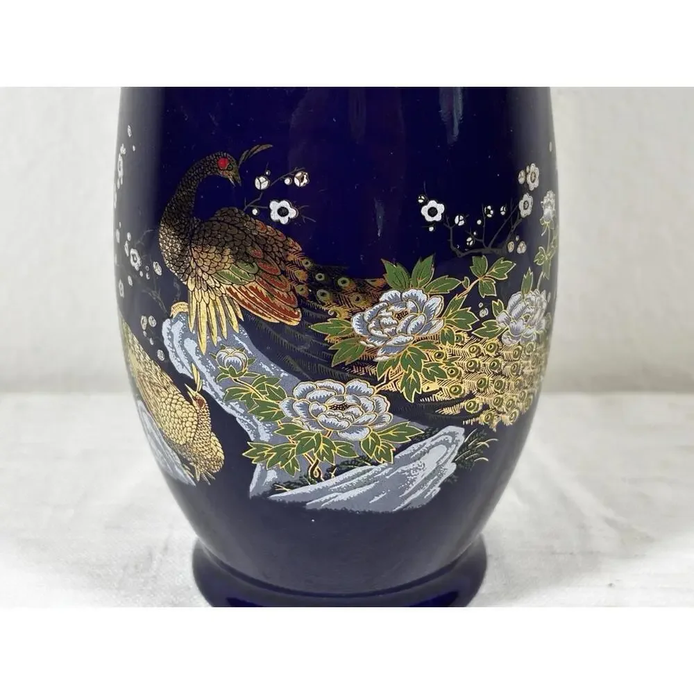Vintage UC Japan Peacock Vase Cobalt Blue Gold Floral 7” Porcelain